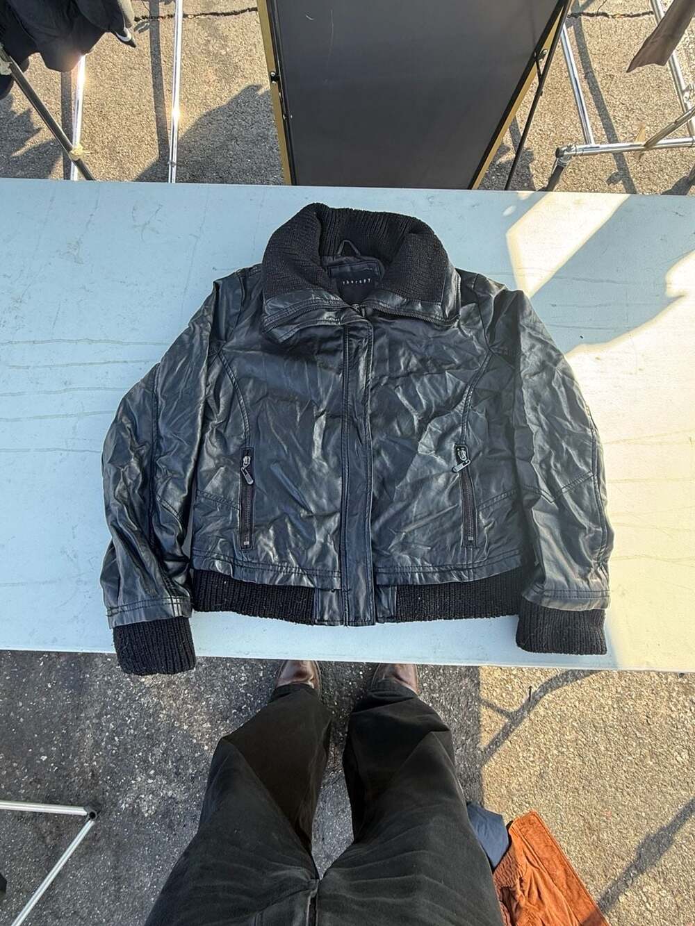 Therapy Women's Black Faux Leather Bomber Jacket with Knit Collar and Cuffs